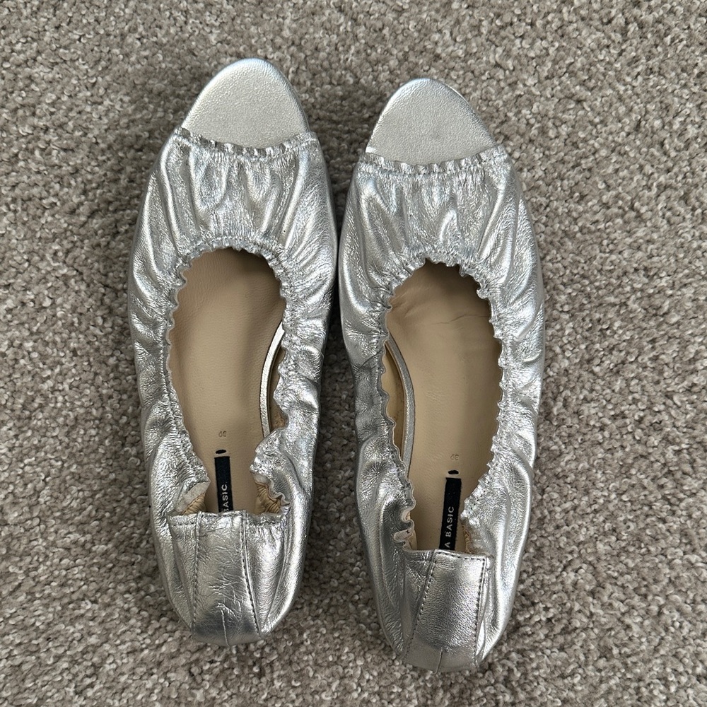 Zara Metallic Silver Ballet Flats
